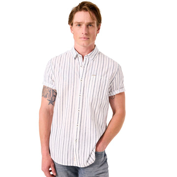 SS White Linen Shirt w/ navy stripe